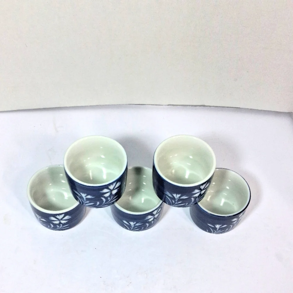 Set Of 5 Japan National Silver Company Etched Blue & White Saki/Tea Cups.